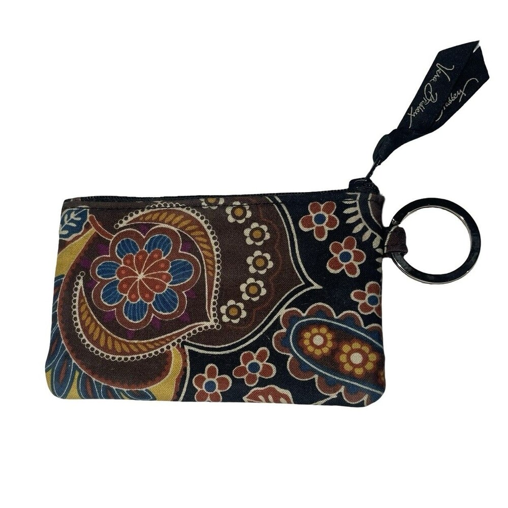 Vera Bradley Small Card ID Case Keychain Floral Paisley Brown Black 3" x 5"